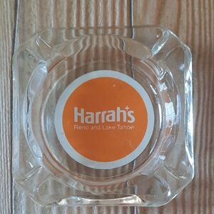Vintage Harrah's Glass Ashtray with Orange Logo - Reno & Lake Tahoe